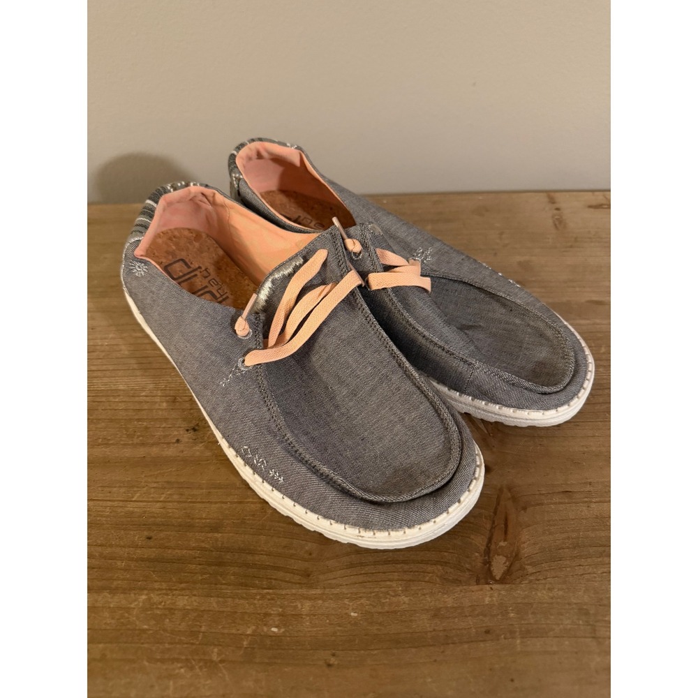 Hey Dude Wendy Grey Chambray Tribal Heel Peach Lace Canvas Loafers Shoes